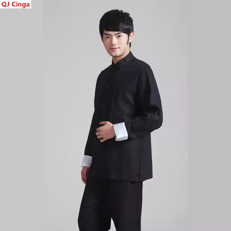 Chinese-style Men's Black Cotton-linen Two-piece Set, Featuring A Stand-up Collar Long-sleeve Shirt and Pants.