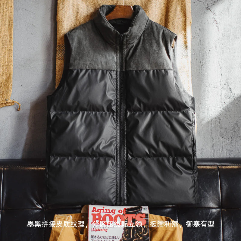Maden Men Quilted Vest Black Outdoor Puffer Sleeveless Jacket Stand Collar Thickened Insulated Collar Warm Coat for Full Winter