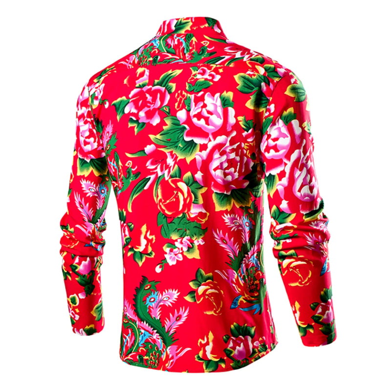 Chinese Style Men's Red Stand-up Collar Long-sleeved Shirt, Single-breasted Printed Shirts, Fashion Casual Camisas. New 2026