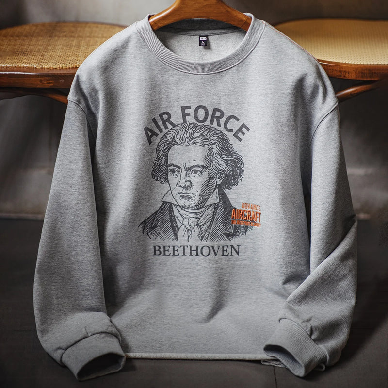 Maden Men‘s Vintage Embroidery Sweatshirt Grey Print Loose Fit Pullover Cotton Rolled Hem Long Sleeve Tee for Spring/Autumn