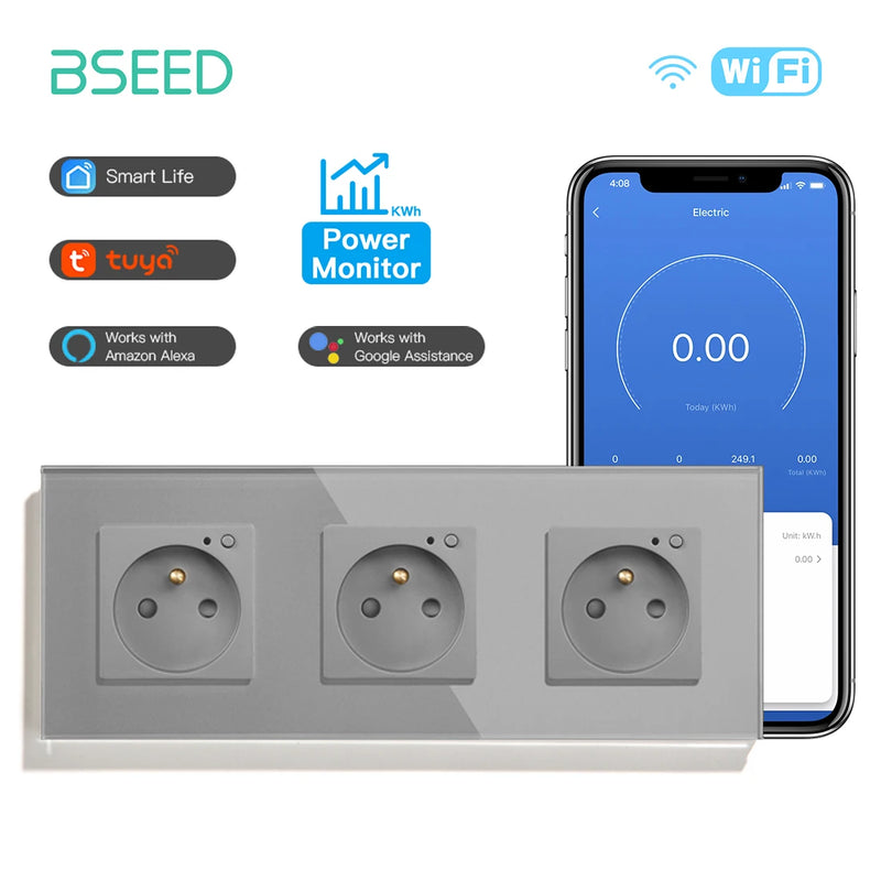 BSEED French Standard Electrical Wifi Smart Socket French Type Power Monitor Timing Function Tuya Alexa Wireless Control 16A