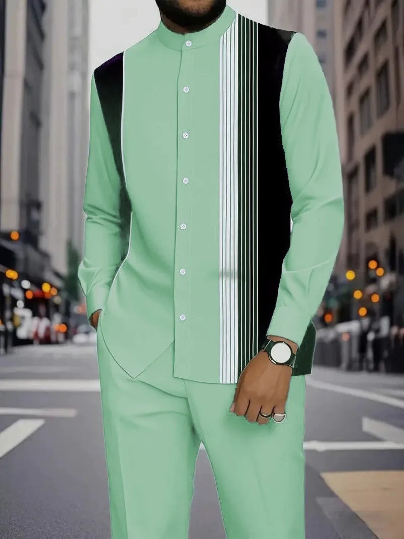 Men's Two-piece Set for Spring/Fall: An Ethnic-style Long-sleeve Shirt Paired with Pants, Red, Blue, Green, Gray, Black, Purple.