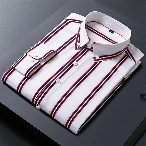 Black Striped Long Sleeve Shirt, Men's Single Breasted Shirts, with Square Collar Yellow Brown Camisas Para Hombre M-5XL