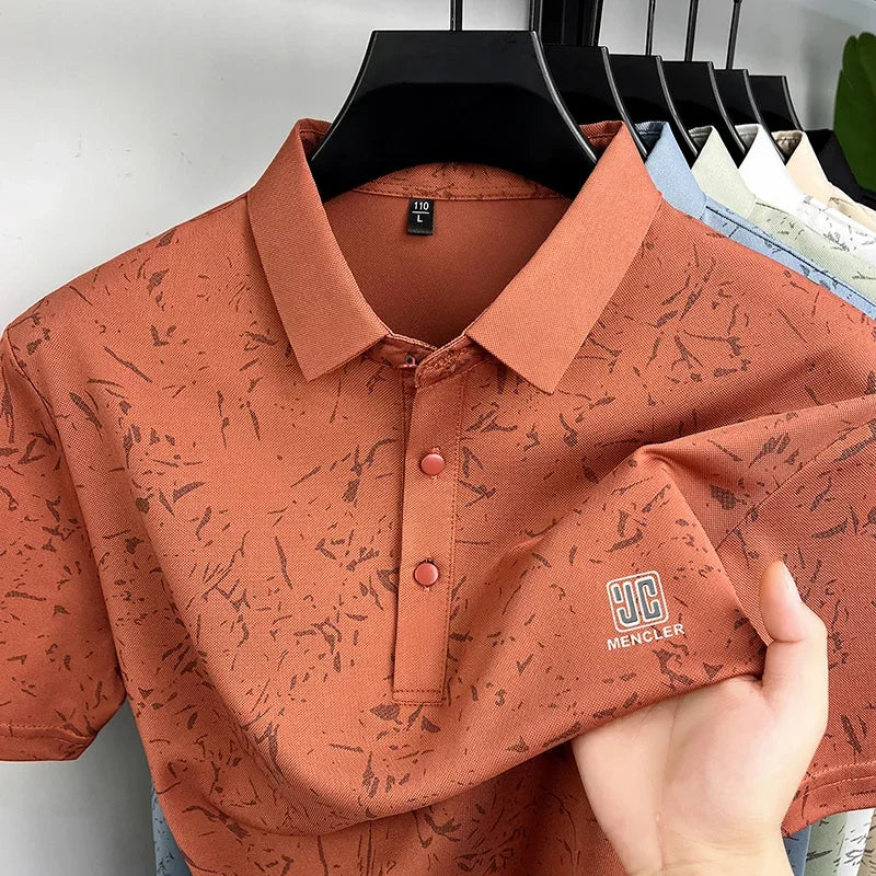 Business Casual Mens Splash Pattern Polo Short Sleeve Breath Mesh Short Vacation And Weekend Party Apparel