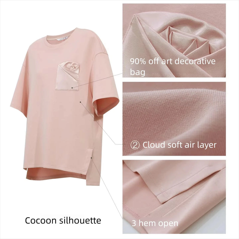 Amii Women's T-Shirt 2026 Summer New Oversized Cotton Short Sleeve Tops Side Slit Mid Length Patch Pocket Tee Shirt 12642037