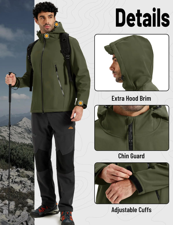 TACVASEN Mens Winter Warm Softshell Fleece Jacket Waterproof Lightweight Outdoor Hiking Jacket Breathable Hooded Fishing Coat