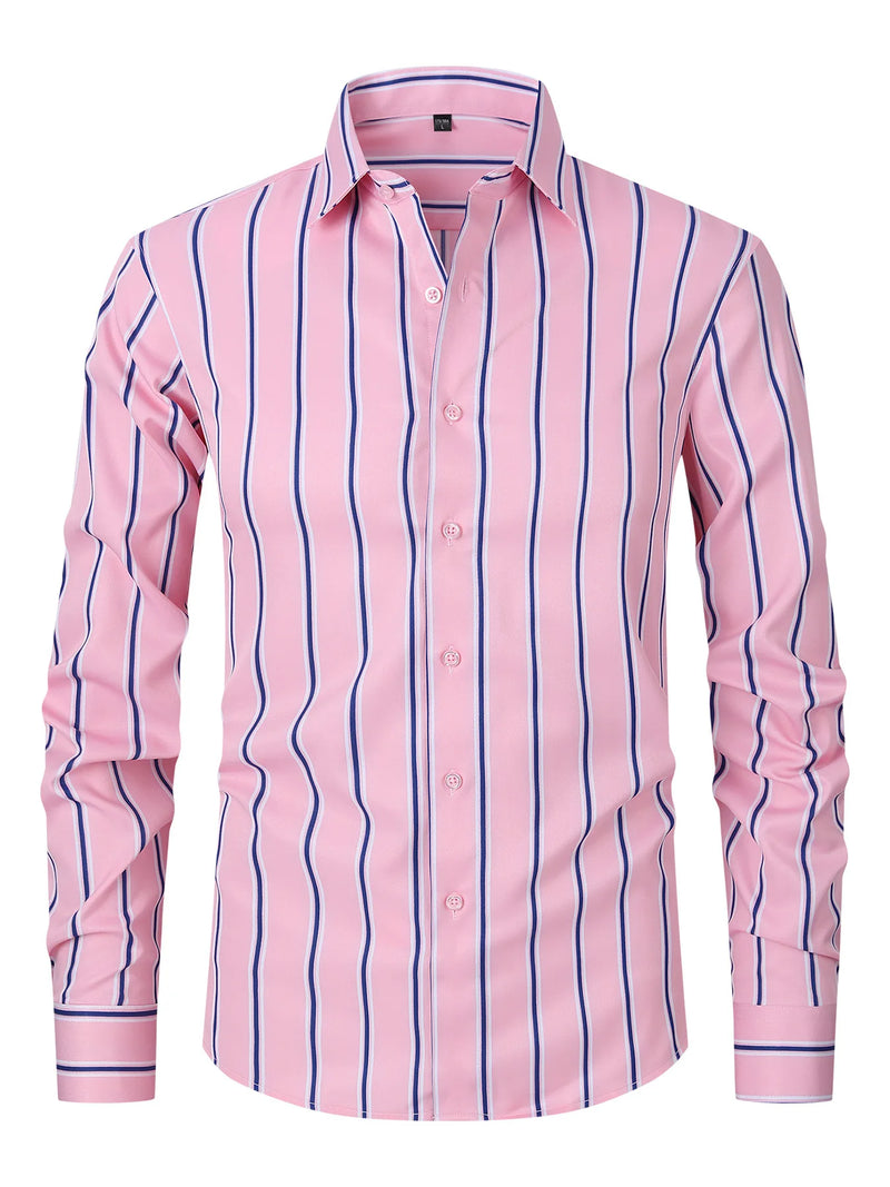 2026 Men's Pink Long-Sleeve Striped Shirt, White Single-Breasted Lapel Shirts, Available in Black or Blue.