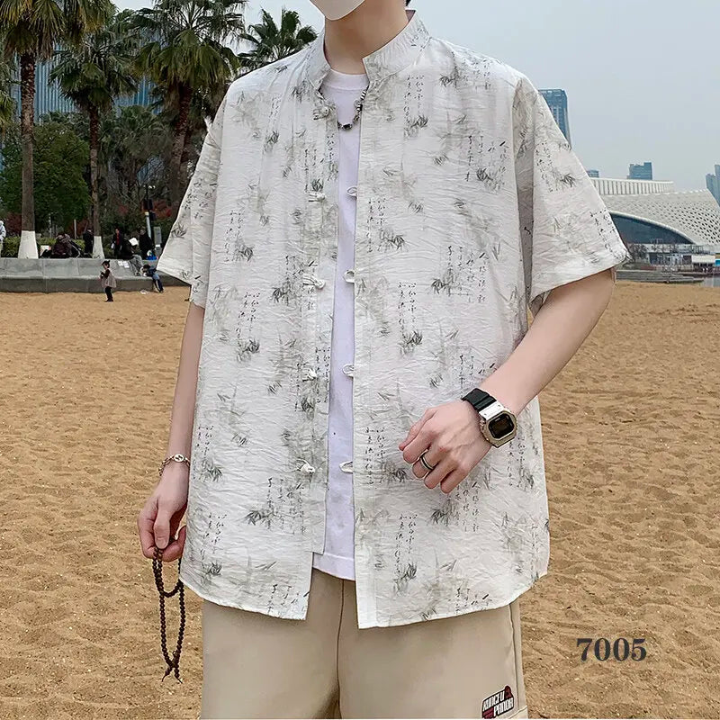 2026 Chinese Style Men's Short Sleeve Shirt with Chinese Characters Decorations and Asian Size Single Button Beach Casual Top