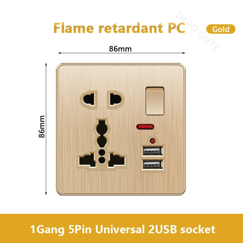 Gold Universal 3/5Pin Plastic Power Socket,UK Wall Outlet With 2.1A Dual USB Port,220V Electrical 2way Switch TV Computer CAT6