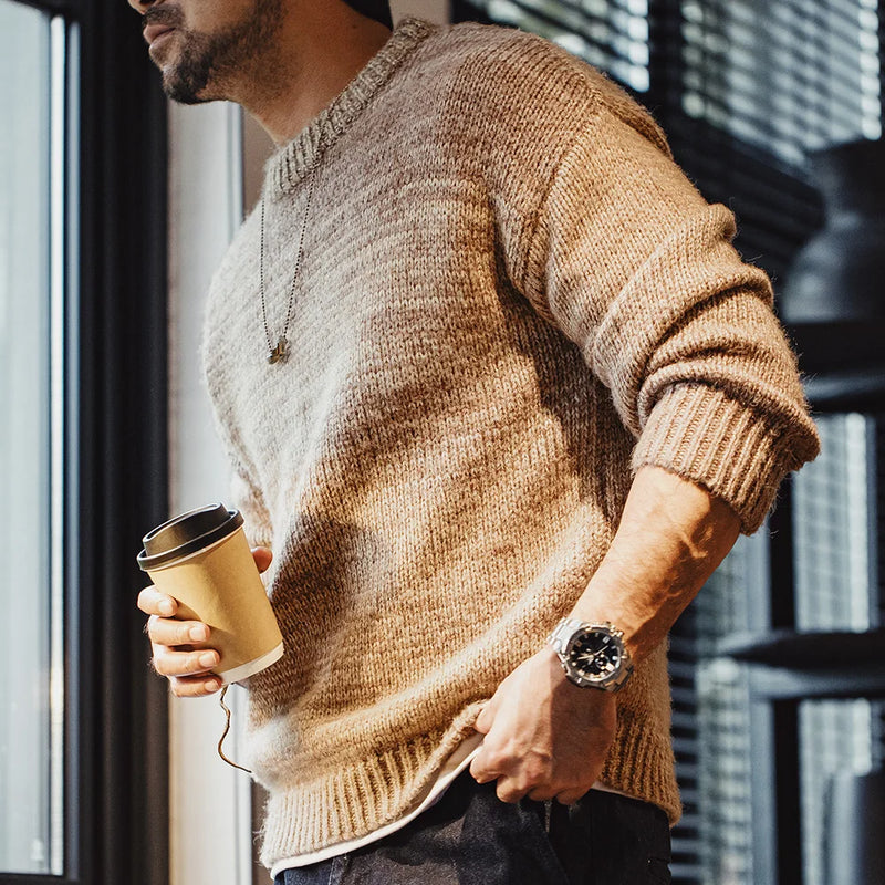 Maden Men's Vintage Gradient Stripe Sweater Round Neck Blended Knitted Pullover Warm Base-layer knitwear for Autumn and Winter