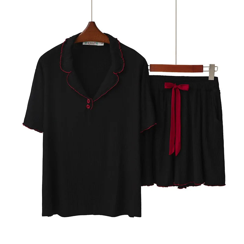 New Women's Pajamas Pit Strip Modal Short-sleeved Lapel Cardigan Shorts Set Casual Home Clothes Korean Pyjamas Femme Sleepwear