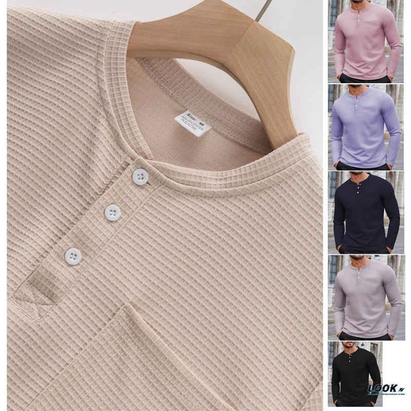 Quality Men's Long - Sleeve Henley Shirt with Button - Down Collar: Casual Spring/Autumn Polo Top Grid O-neck T-shirt