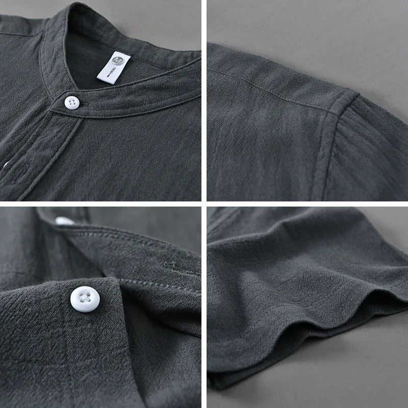 Summer New Casual Pure Cotton Short Sleeve Shirt for Men Clothing Sand Collar Solid Color Shirts DC922