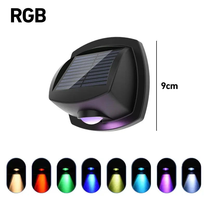 ភ្លើងពន្លឺព្រះអាទិត្យ RGB ក្រៅផ្ទះ ធន់នឹងទឹក IP65 ភ្លើងជណ្ដើរ LED ពន្លឺព្រះអាទិត្យចម្រុះពណ៌ ភ្លើងជញ្ជាំងពន្លឺព្រះអាទិត្យ ភ្លើងរបងសម្រាប់ដំបូលរបង