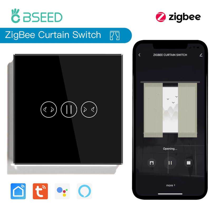BSEED Zigbee Curtain Switch Wireless Smart Curtain Switch Tuya Google Home Alexa Voice Control Glass Panel 5A With Neutral