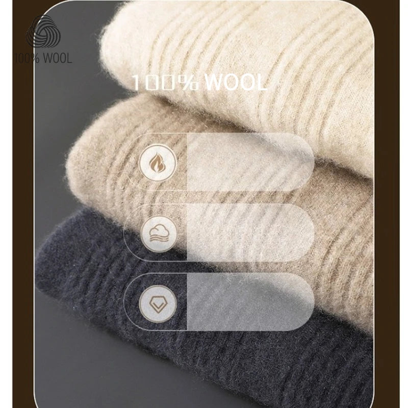 Men's 100% Wool Sweater,  Soft and Warm High-neck Wool Pullover Fine Vertical Stripe