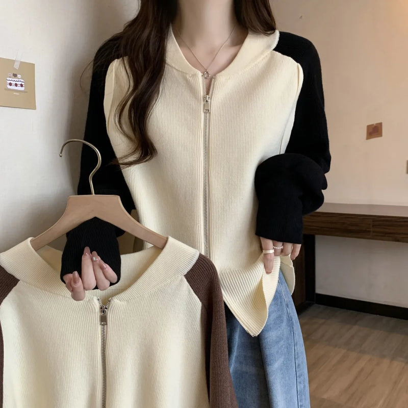អាវក្រៅ Cardigans ពណ៌ផ្ទុយគ្នាសម្រាប់ស្ត្រី អាវក្រោះក្រាស់ថ្មីសម្រាប់ស្ត្រី អាវក្រៅនិទាឃរដូវរដូវស្លឹកឈើជ្រុះ
