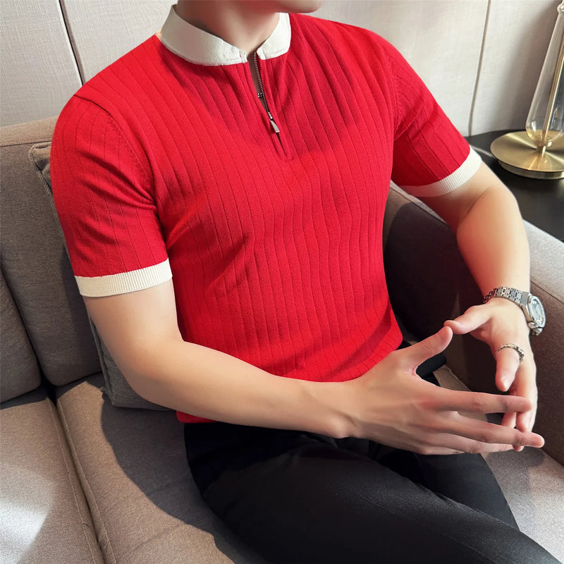 Men's Stretch Ice Silk Knit Polo Shirt with Half Zip and Contrast Color Stand Collar Half-zip Color-block Stand Collar T Shirt