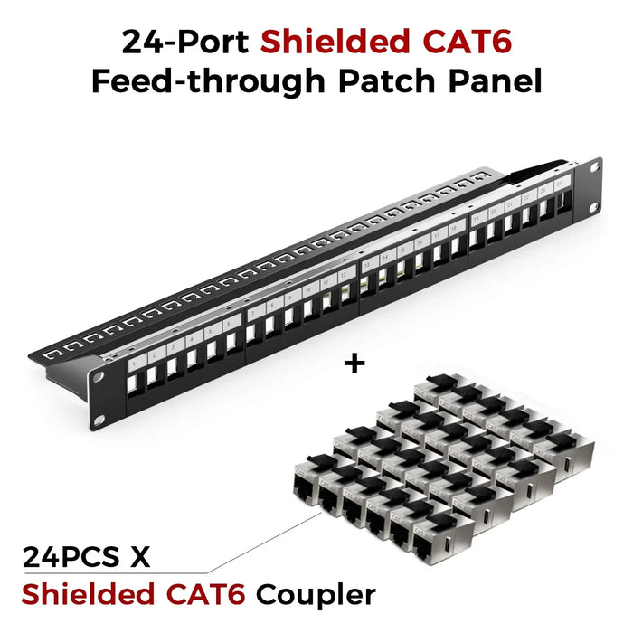 ZoeRax 24 Port RJ45 Patch Panel Cat6 Feed Through, Coupler Network Patch Panel 19 Inch, Inline Keystone Ethernet Patch Panel STP CAT6 Coupler