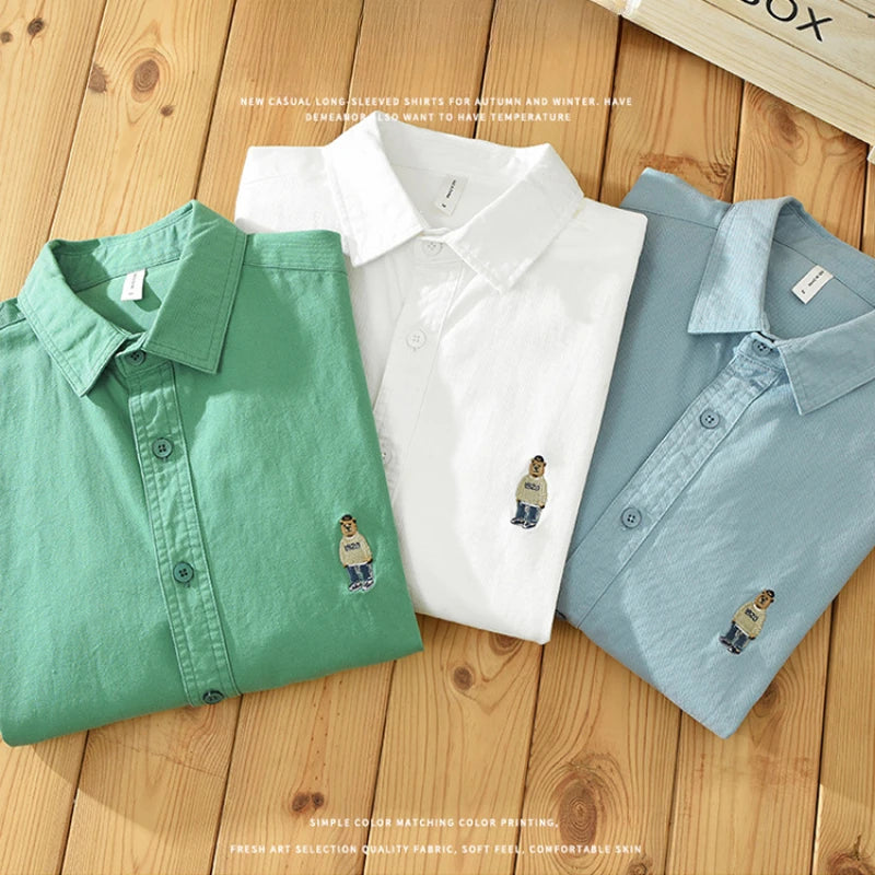Spring and Autumn New 100% Cotton Bear Embroidery Casual Long Sleeve Men Shirts Solid Color Fashion Art Versatile Top C1378