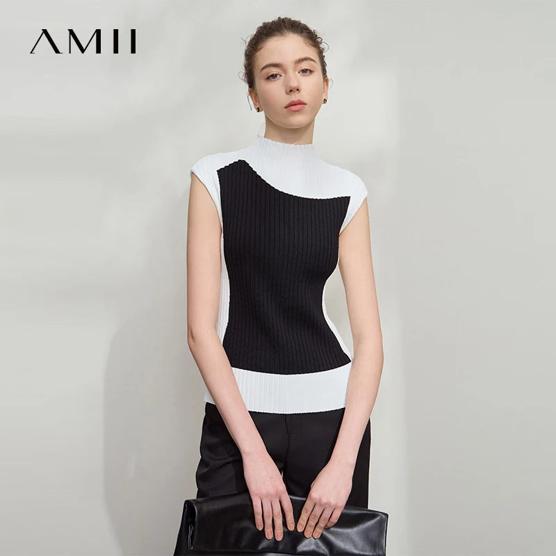 អាវយឺតប៉ាក់សម្រាប់នារី Amii ពណ៌សមល្មម រដូវស្លឹកឈើជ្រុះឆ្នាំ ២០២៥ អាវក្រៅដៃខ្លី កពាក់កណ្តាលអណ្តើក ស្ដើង 12542001