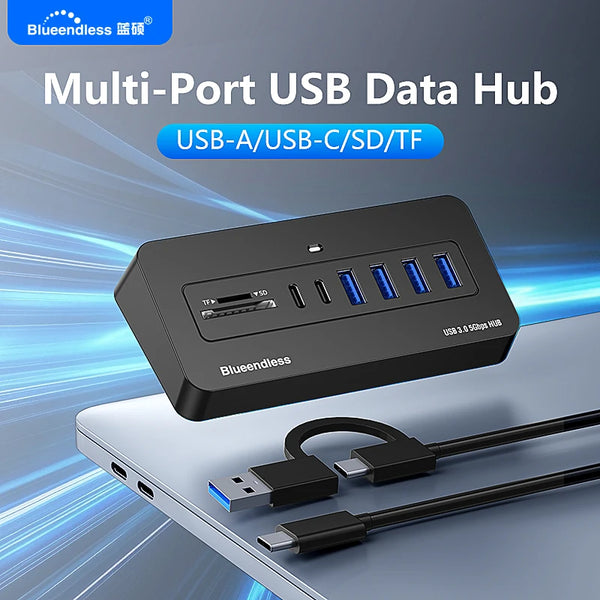 ស្ថានីយ៍ចត USB-C Hub ពហុរន្ធ Blueendless 5Gbps USB3.0 Splitter 7/8-រន្ធ 2-in-1 ខ្សែថាមពលខាងក្រៅ 5V សម្រាប់កុំព្យូទ័រយួរដៃ PC