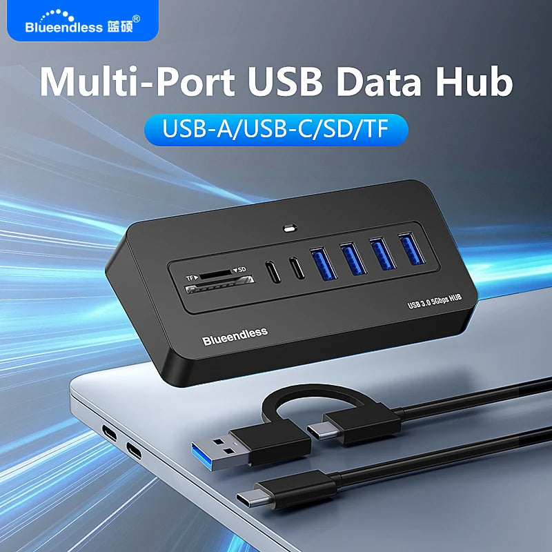 ស្ថានីយ៍ចត USB-C Hub ពហុរន្ធ Blueendless 5Gbps USB3.0 Splitter 7/8-រន្ធ 2-in-1 ខ្សែថាមពលខាងក្រៅ 5V សម្រាប់កុំព្យូទ័រយួរដៃ PC