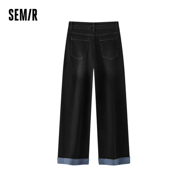 ខោខូវប៊យ Semir សម្រាប់នារី មានស្រទាប់ក្រណាត់រោមចៀម រចនាបែបបន្ទះ លំនាំឆ្នូត សមល្មម ជើងធំទូលាយ មានក្រវ៉ាត់ក ពណ៌សុទ្ធ ប្រវែងពេញ រដូវរងា 2026