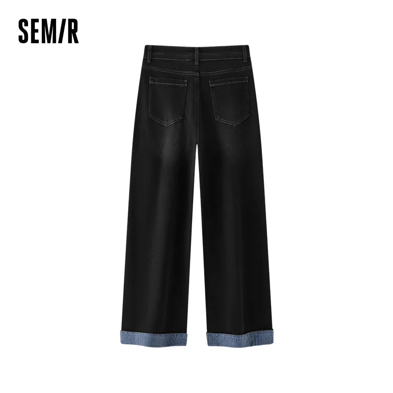Semir Women Jeans Fleece Lined Panelled Design Stripe Pattern Loose Fit Wide Leg Cuffed Hem Full Length Solid Color 2026 Winter