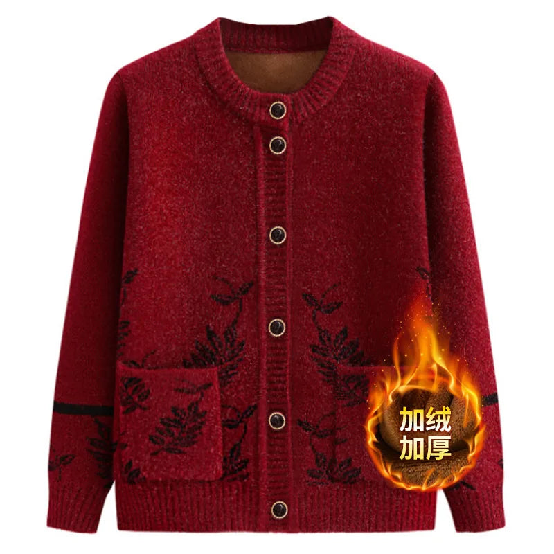 New Middle-Aged Elderly Women's Sweater Spring Autumn Cardigan Velvet Thicken Mother Knitted Top Grandma Winter Warm Coat