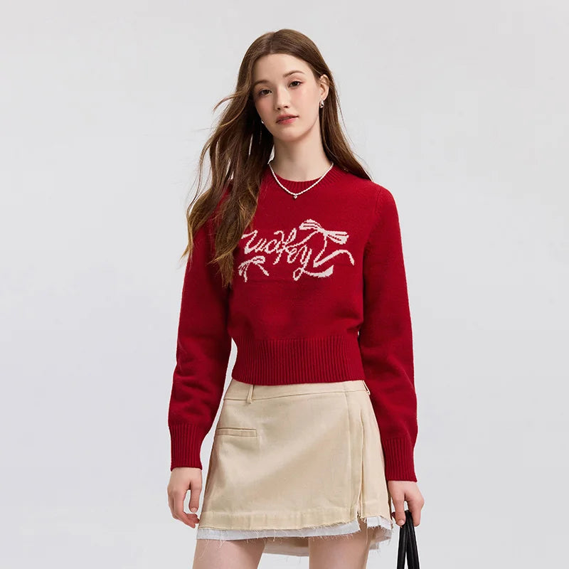 Semir New Year Sweater Women Short Bowknot Slim Fit Round Neck Knit Top 2026 Spring Style Red Fashion Basic Tops
