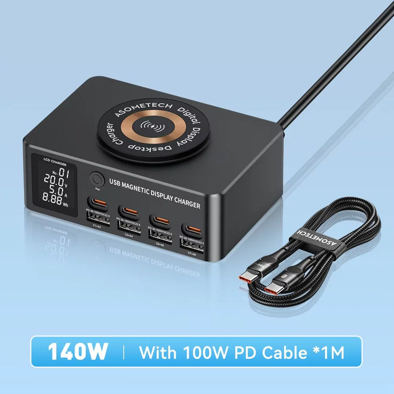 ស្ថានីយសាកថ្មឥតខ្សែលឿន 140W Multi USB-C ជាមួយអេក្រង់ LED PD QC 3.0 សាកថ្មលឿនសម្រាប់ iPhone 14 13 Samsung Xiaomi