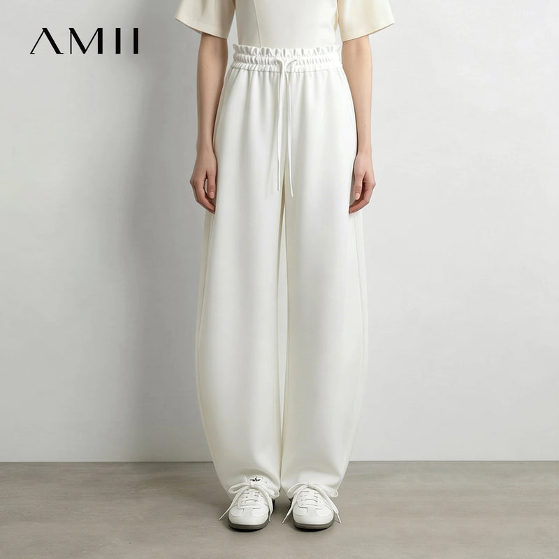 Amii Women Pants Minimalist Elastic Waist Loose Wide Leg Trousers 2026 Autumn New Commute Cotton Blend Woman Clothes 12623004