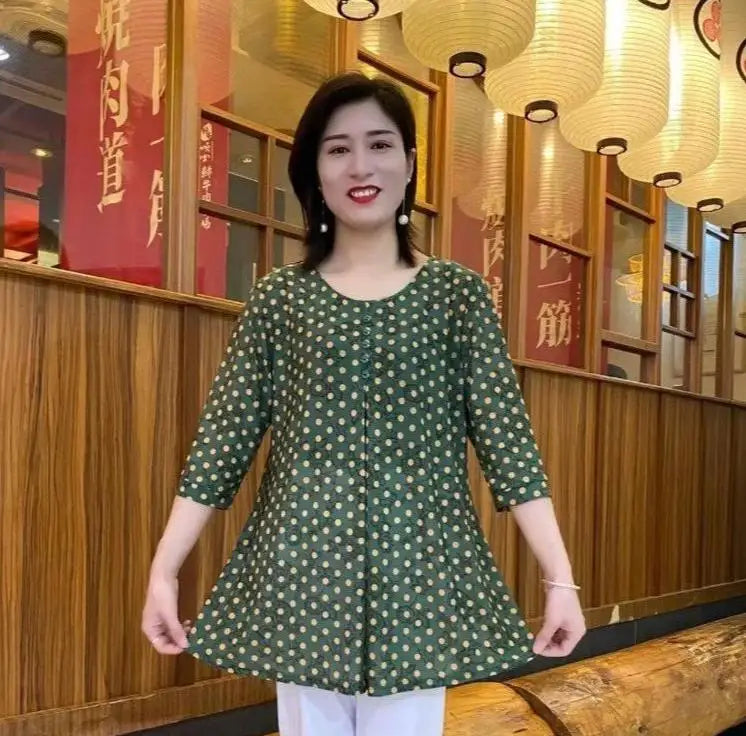 អាវយឺតបោះពុម្ពបែបវីនថេច ធម្មតា រលុង ប៊ូតុងបត់ រដូវក្តៅ ដៃអាវពាក់កណ្តាល ធ្វើដំណើរប្រចាំថ្ងៃ កមូល សម្លៀកបំពាក់នារី