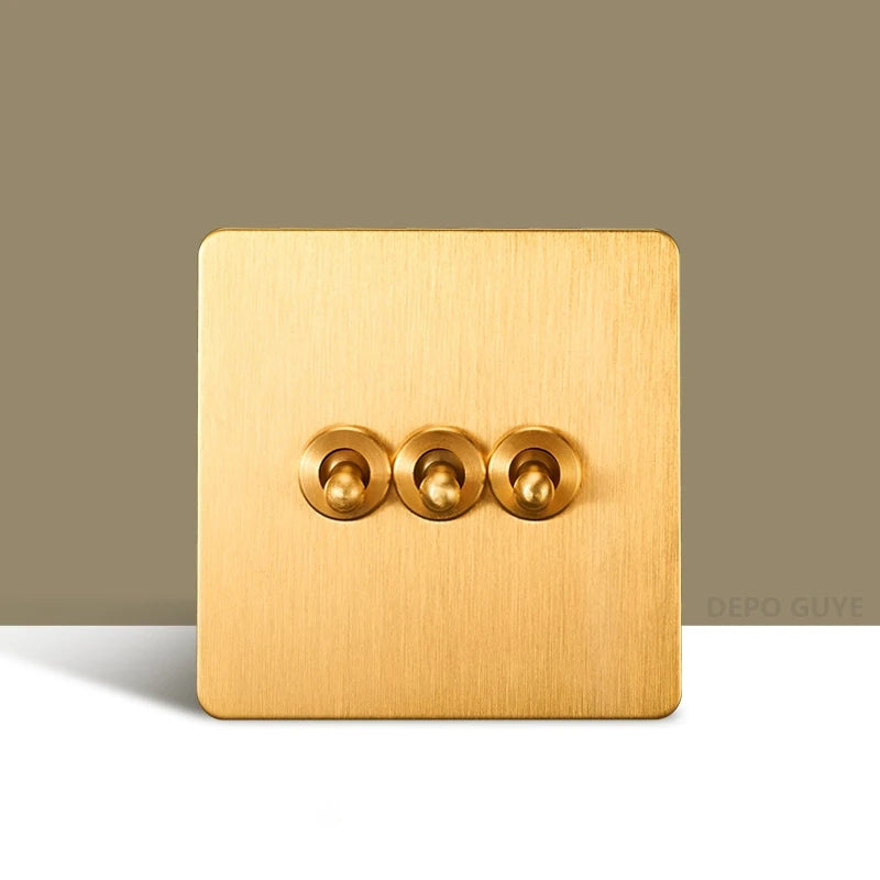 Retro Wall Light Toggle Switch Dual EU FR Socket Gold Stainless Steel Brushed Panel  Vintage Brass Lever For Home Improvement