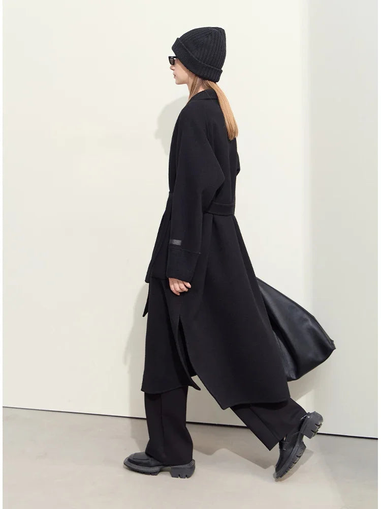 Amii Minimalist Woolen Coat Woman Splicing V-neck with Belt Commuter 2026 Winter New All-wool Double-sided Woolen Coat 12424010