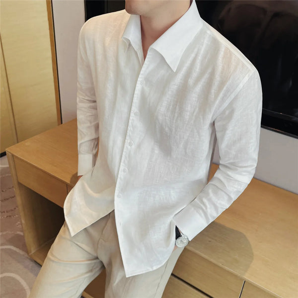 Men's 100% Linen Long-Sleeve Shirt – Old Money Style Lightweight Breathable Business Casual White Button