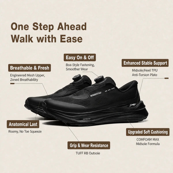 ស្បែកជើង Li-Ning Unisex SOFT GO MAX 3 របៀបរស់នៅ COMFOAM MAX មានខ្យល់ចេញចូលបានល្អ ទ្រទ្រង់បានល្អ ស្បែកជើងដើរលេងធម្មតា LiNing AGLW023