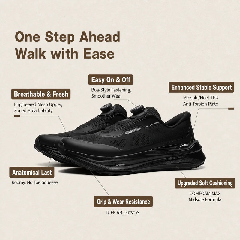 ស្បែកជើង Li-Ning Unisex SOFT GO MAX 3 របៀបរស់នៅ COMFOAM MAX មានខ្យល់ចេញចូលបានល្អ ទ្រទ្រង់បានល្អ ស្បែកជើងដើរលេងធម្មតា LiNing AGLW023