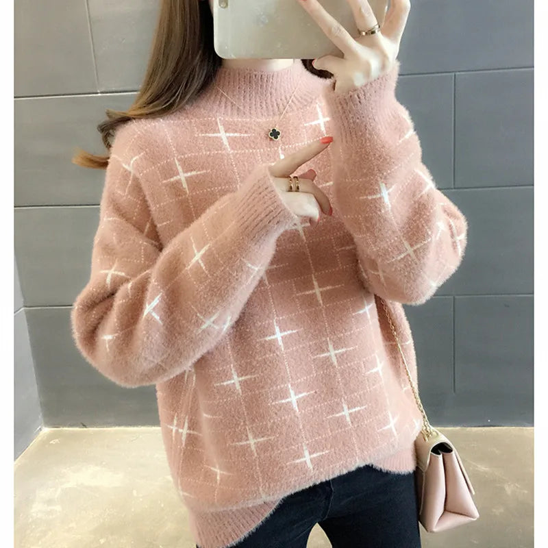 អាវយឺតក Turtleneck ដៃវែងបោះពុម្ពរូបតុក្កតាសម្រាប់រដូវរងាសម្រាប់សម្លៀកបំពាក់ស្ត្រី និទាឃរដូវ រដូវស្លឹកឈើជ្រុះ អាវធំ