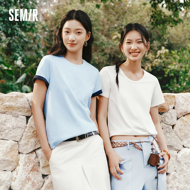 Semir Womens Tshirt 2026 Slim Solid Basic Crew Neck White Fashion Casual Soft Daily Wear