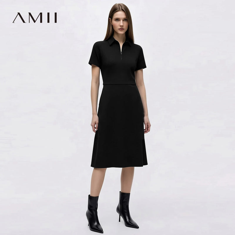 Amii Women's Casual Dresses 2026 Summer New Lapel Zip Half Placket Fitted Waist Office Short Sleeve Midi Dress Women 12642146