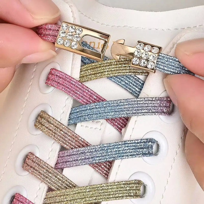1 Pair Fashionable Elastic Lazy Shoelaces with Rhinestone Buckles No-Tie Sports Shoe Laces for Quick And Easy Shoe Closure