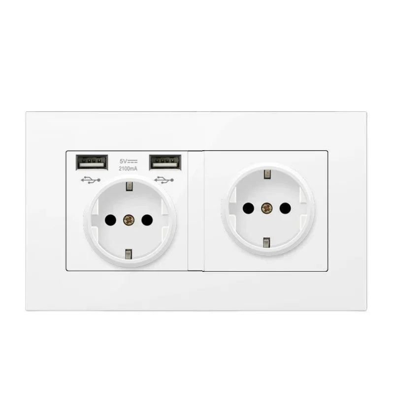 Black PC European Standard Dual 16A Wall Socket with Usb Charging Port, USB Plug Adapter 220V Power Socket Strip 146mm*86mm