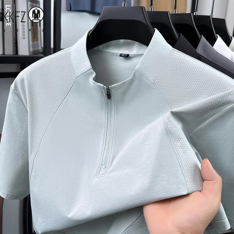 Mens Comfortable Quarter Zip Polo Shirt Short Sleeve Stand Collar Soft Touch Daily Wear Top