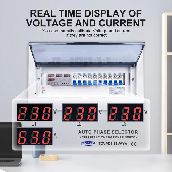 63A TOMZN 3 Phase 3P+N DIN Rail Phase Selector Adjustable Over And Under Voltage Current Protection Monitor Relays Protector