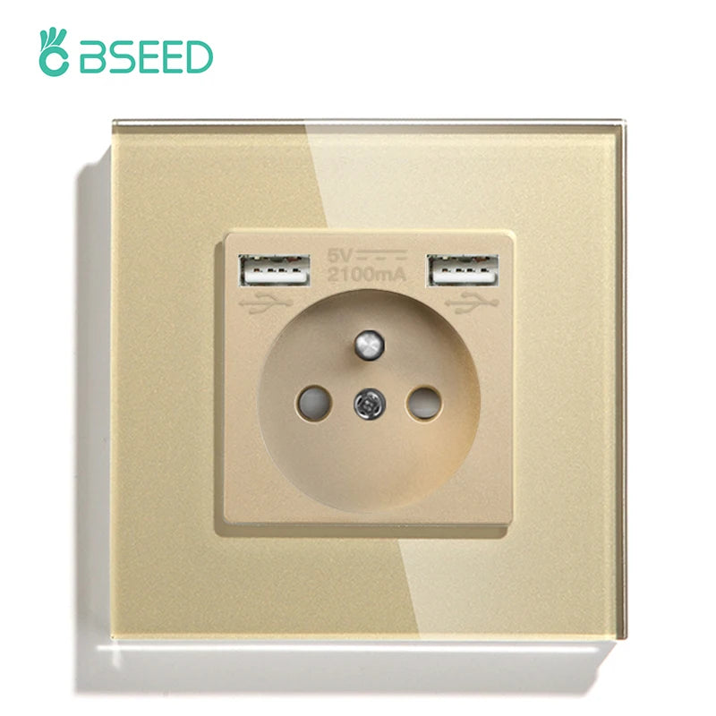 BSEED France Standard Wall Electrical Outlet USB Type-C Charge Port Glass Panel 20W Fast Charge French Socket 110-250V