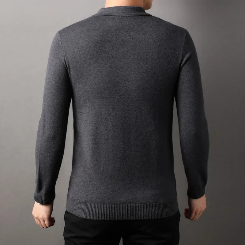 Men's Old Money Twisted Knit Solid Color Long Sleeve Polo Shirt - Business Casual Pullover Sweater for Autumn