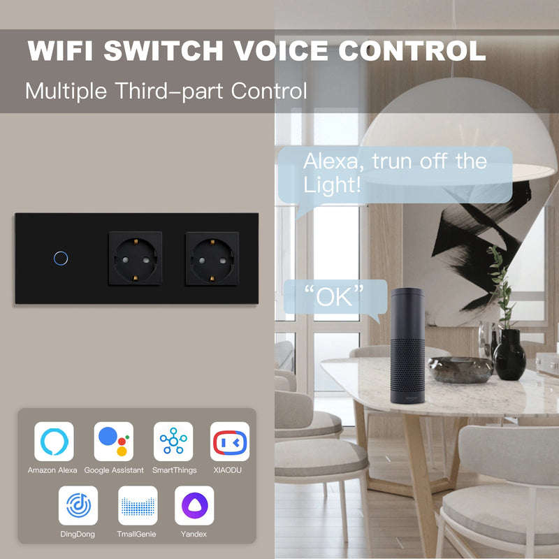 BSEED Wifi Wall Touch Switches 1/2/3Gang 1/2/3 Way Light Switch With Double EU Power Sockets Smart Life Google Alexa Control