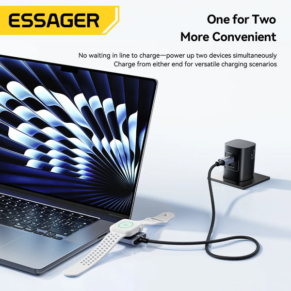 ខ្សែសាកនាឡិកា Essager 100W 2 ក្នុង 1 សម្រាប់ iPhone17 16 15 Pro Max iWatch ឆ្នាំងសាកម៉ាញេទិកប្រភេទ C ទៅប្រភេទ C ខ្សែសាកលឿន
